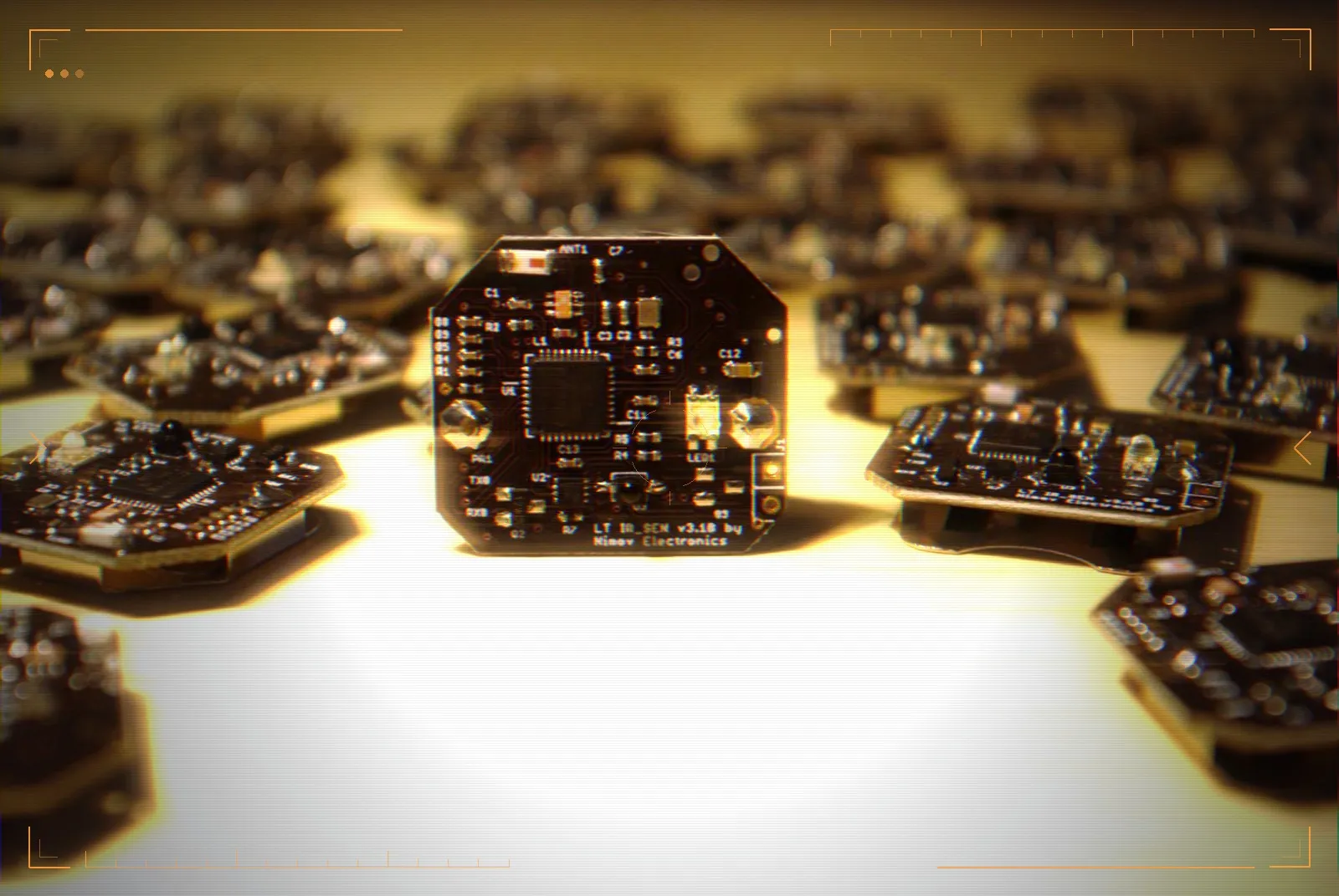 The custom wireless hit-sensor boards — one in focus among dozens